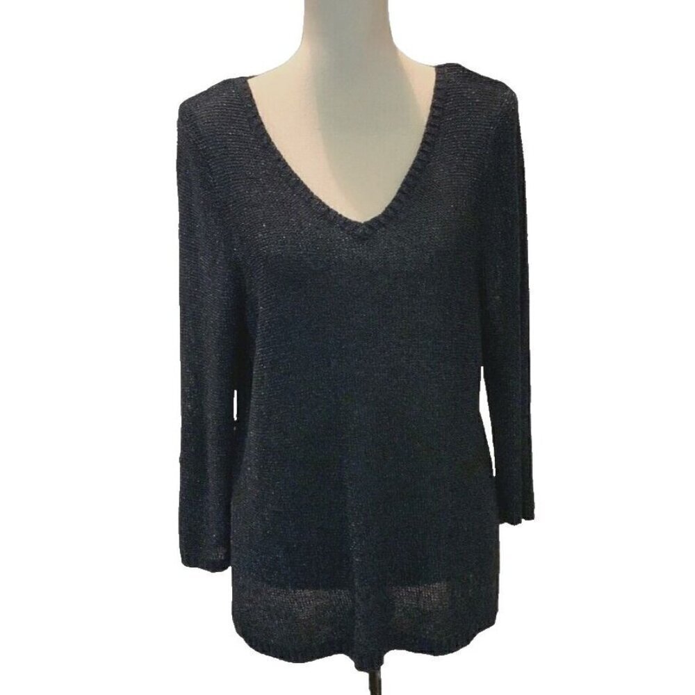 Davina Womens Elegant Sparkle V Neck Back Sweater Size M Blue Long Sleeve